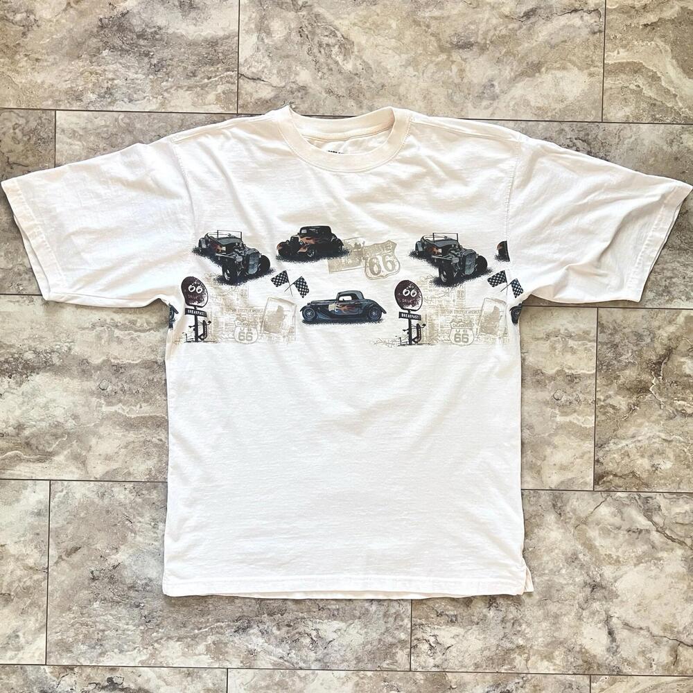 Buckhorn River T Shirt Route 66 Hot Rod Cars Wrap Around Cream Color Sz XXL 2XL